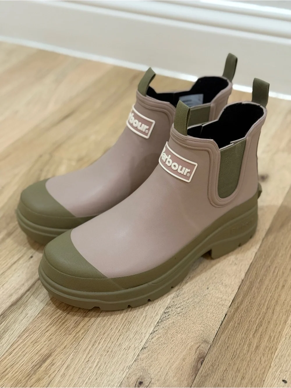 Barbour Pink and Olive Green Chelsea Rain Boots